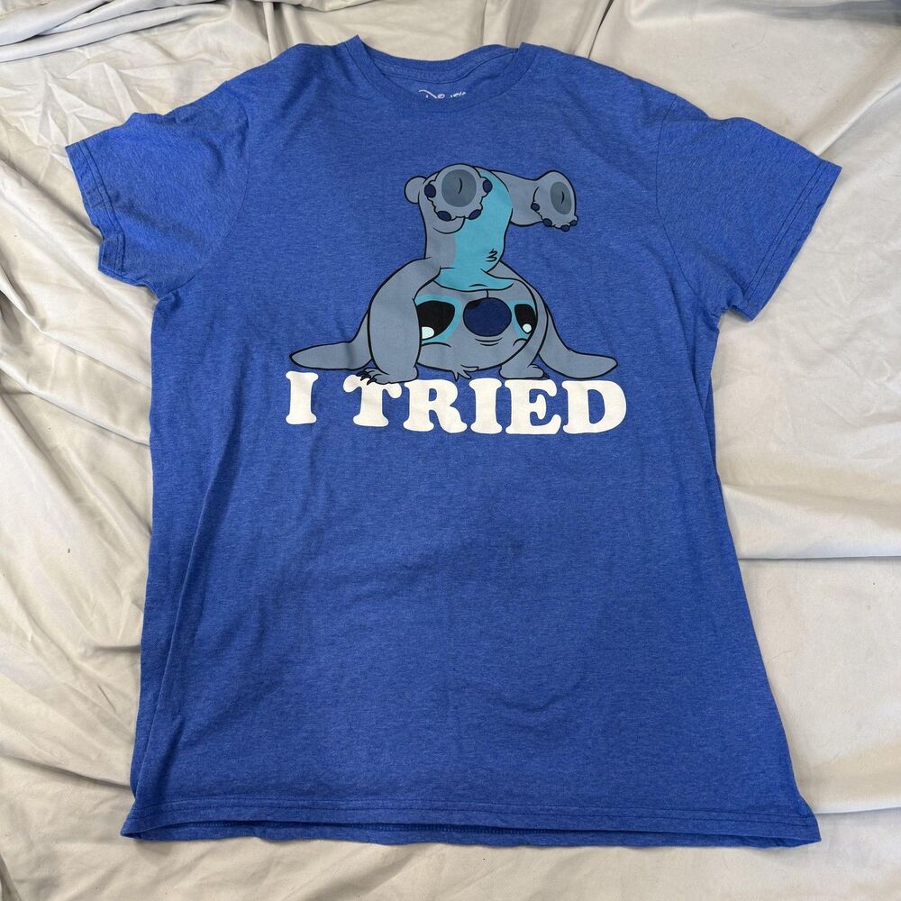 Disney Shirt M Blue Stitch‎ I Tried Crew Neck Short Sleeve Casual